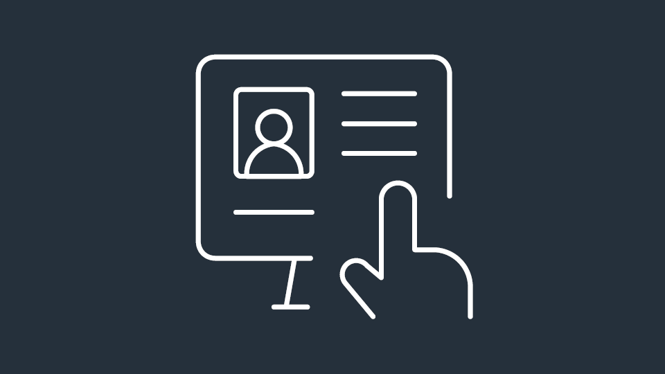 Line-art computer screen displaying a profile with a hand cursor pointing.