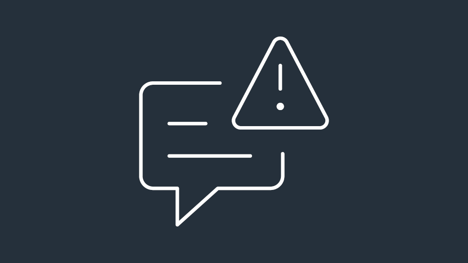 Speech bubble with lines next to a warning triangle containing an exclamation mark.