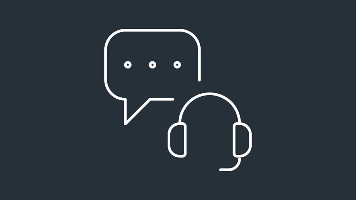 A white line icon of a headset alongside a speech bubble, on a dark blue background.