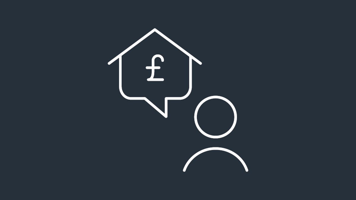 A white line icon of a person with a house-shaped speech bubble containing a pound symbol, on a dark blue background.
