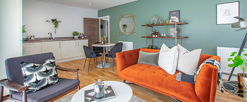Living room with orange sofa