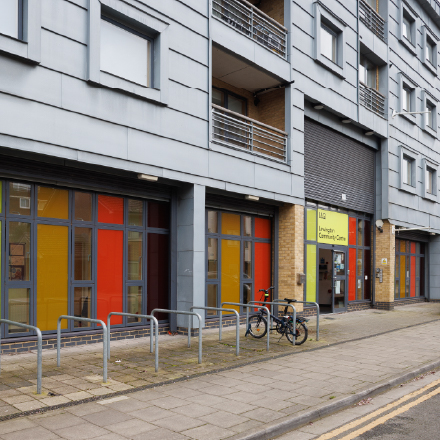 Exterior view of Lewington Community Centre, located on the ground floor of a modern residential building.