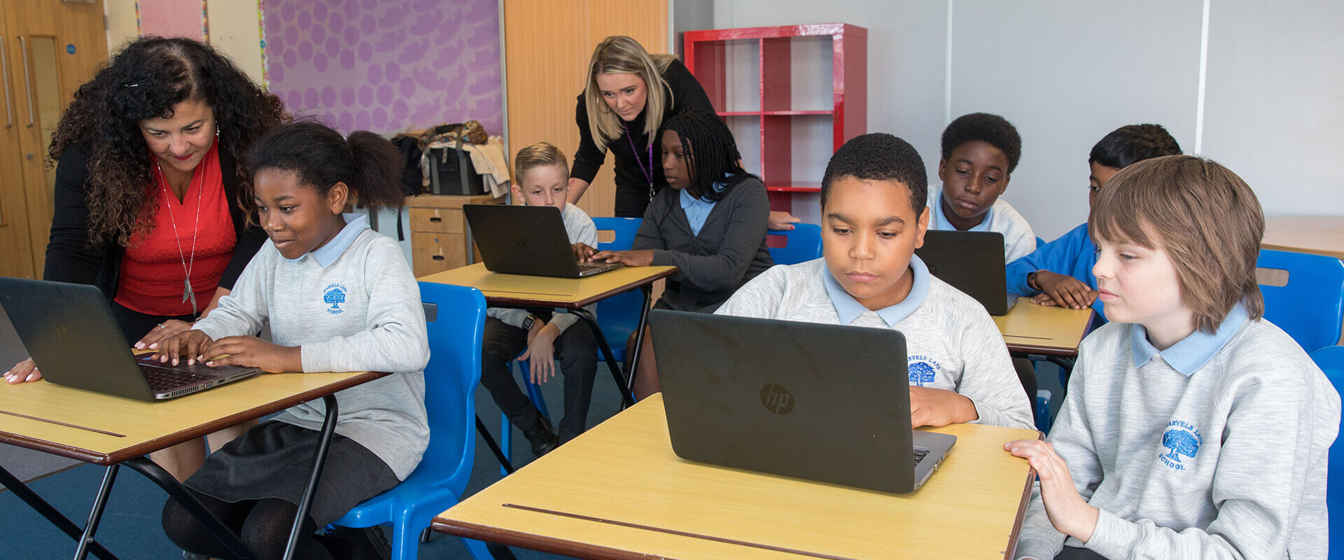 School children using donated laptops