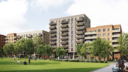 Render image of Acton Gardens showing nice greenery and low rise buildings