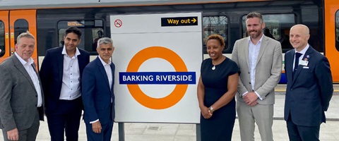 Group image of Sadiq Khan, Darren Rodwell and others at Barking Riverside overground station
