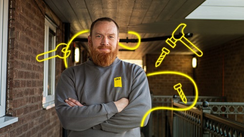 Matt, a repairs operative, stands confidently with glowing tool icons highlighting his trade skills. 'Made in Trade' branding is in the top right.