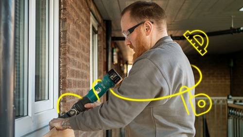 Matt, wearing safety glasses, uses a power tool to cut plywood. Yellow tool icons and a dynamic swirl emphasize his craftsmanship.