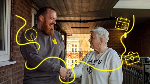 Matt shakes hands with a smiling resident. Yellow line art, including a calendar and briefcase, symbolises the impact of his work in the community.