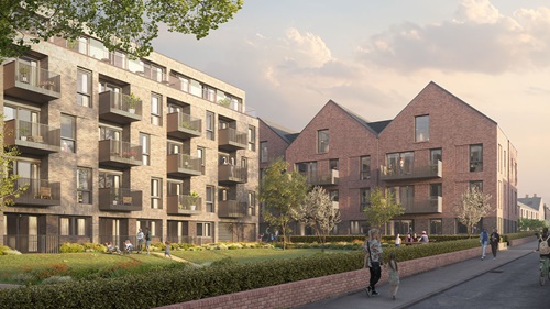 Visualisation of new L&Q homes in Altrincham town centre - 88 high-quality, sustainable homes with balconies, gardens, and green spaces, including 40%