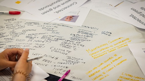 Close-up of handwritten notes and printed sheets on a table during a community planning session.