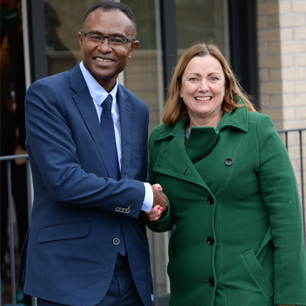 Ben Laryea, Chief Executive of Ekaya shaking hands with Vicky Savage, Group Director of Development and Sales at L&Q 