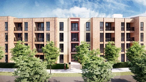 Mock up of Trafford Water appartments. Front view showing light brown building with trees outside.