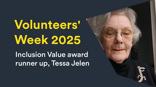 Older woman in black turtleneck, recognised for Inclusion Value award at Volunteers' Week 2025.