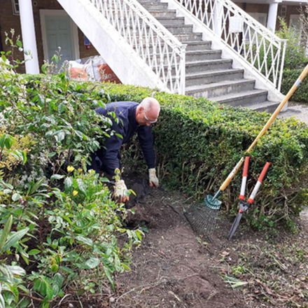 A volunteer removing weeds from Woodstock Court courtyard garden