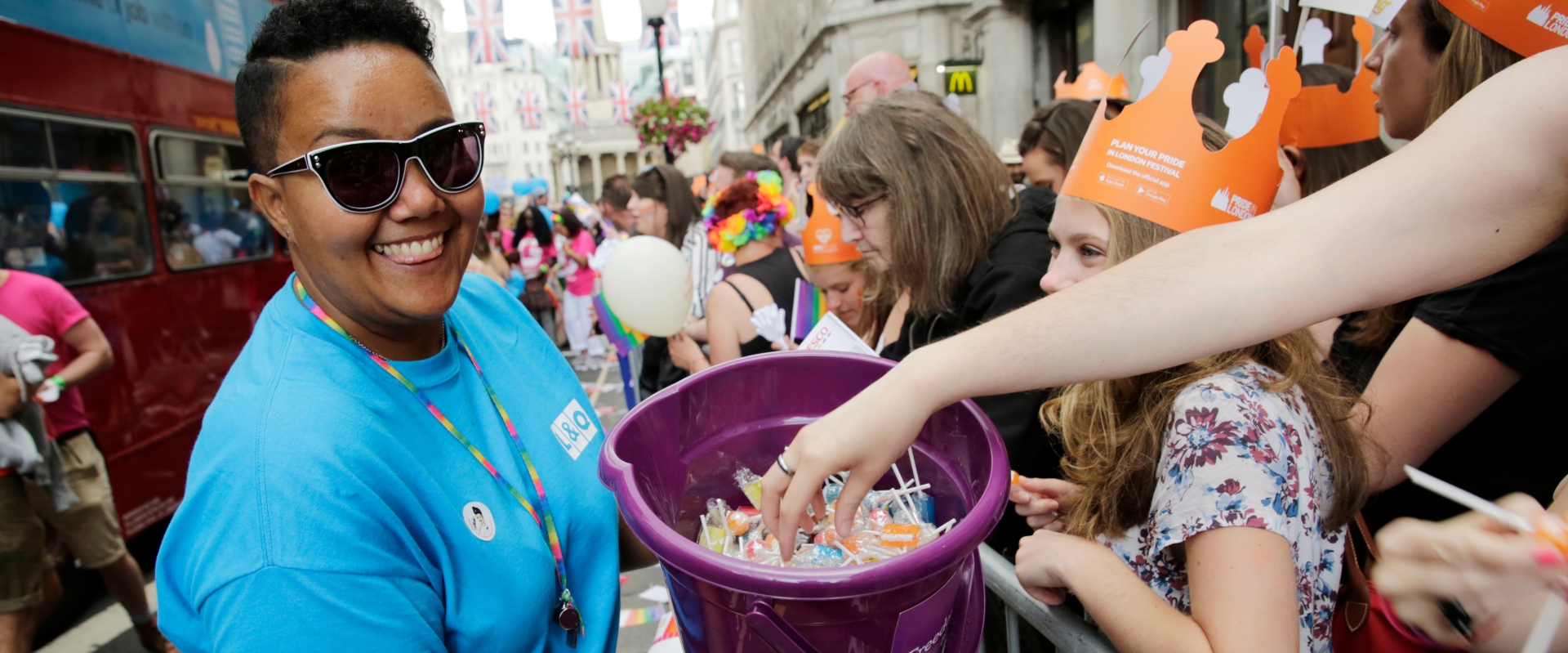 Handing out sweets at Pride