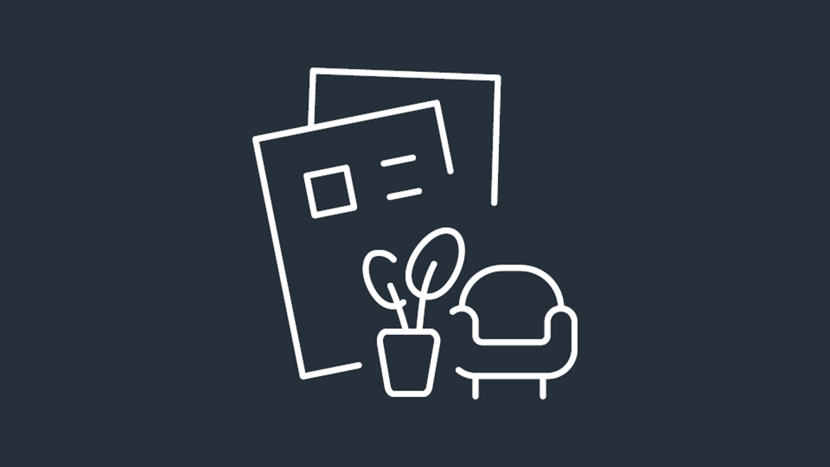 Illustration of insurance documents with a chair and houseplant.