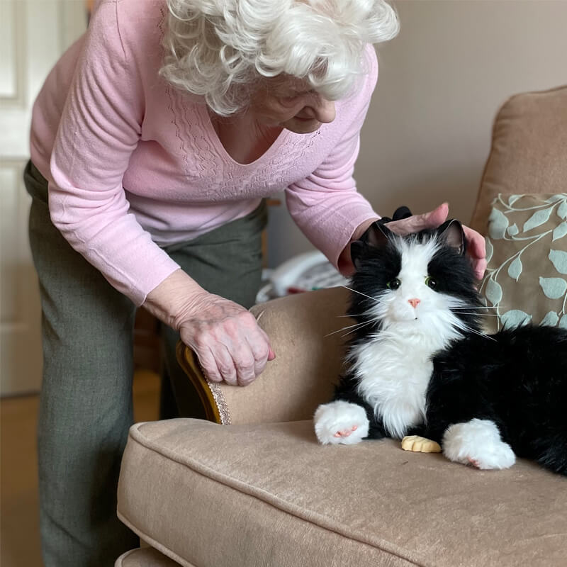 An elderly woman petting her dementia pet