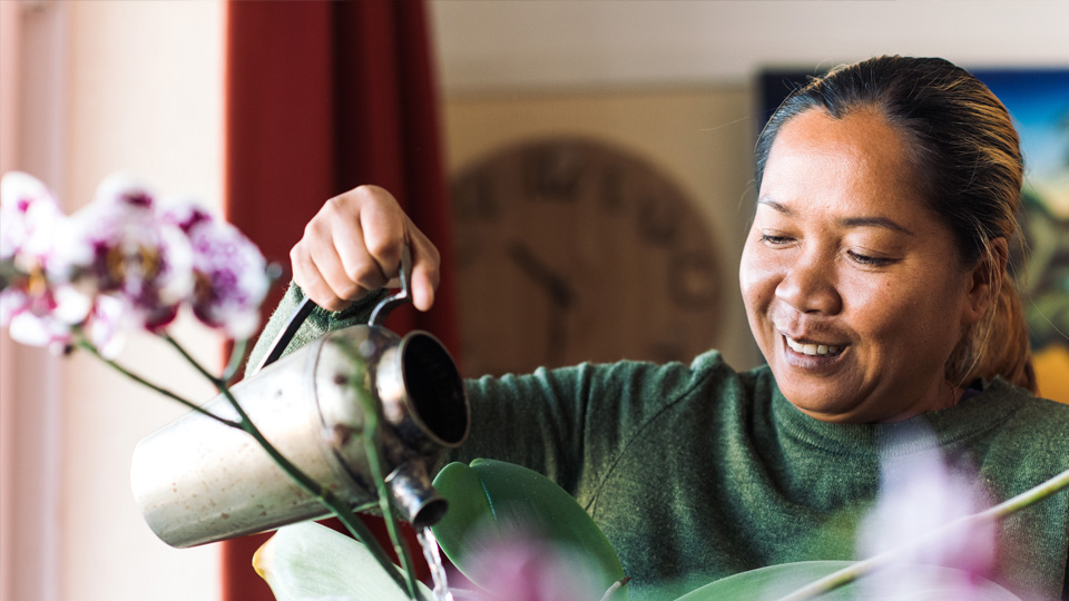 A woman watering indoor plants